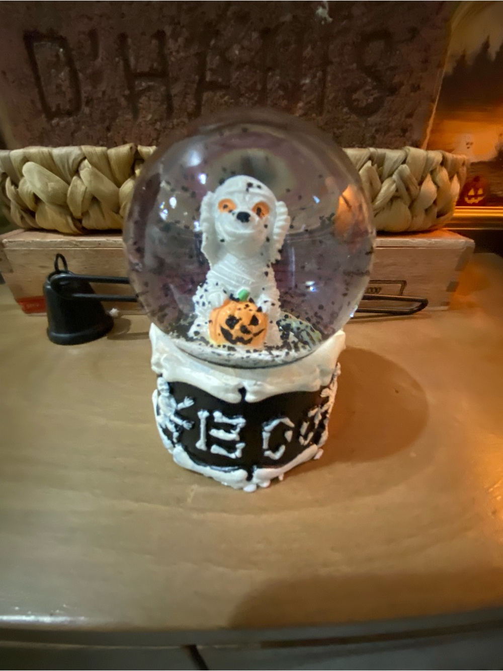 Halloween Mummy dog Snow Globe - White & Orange